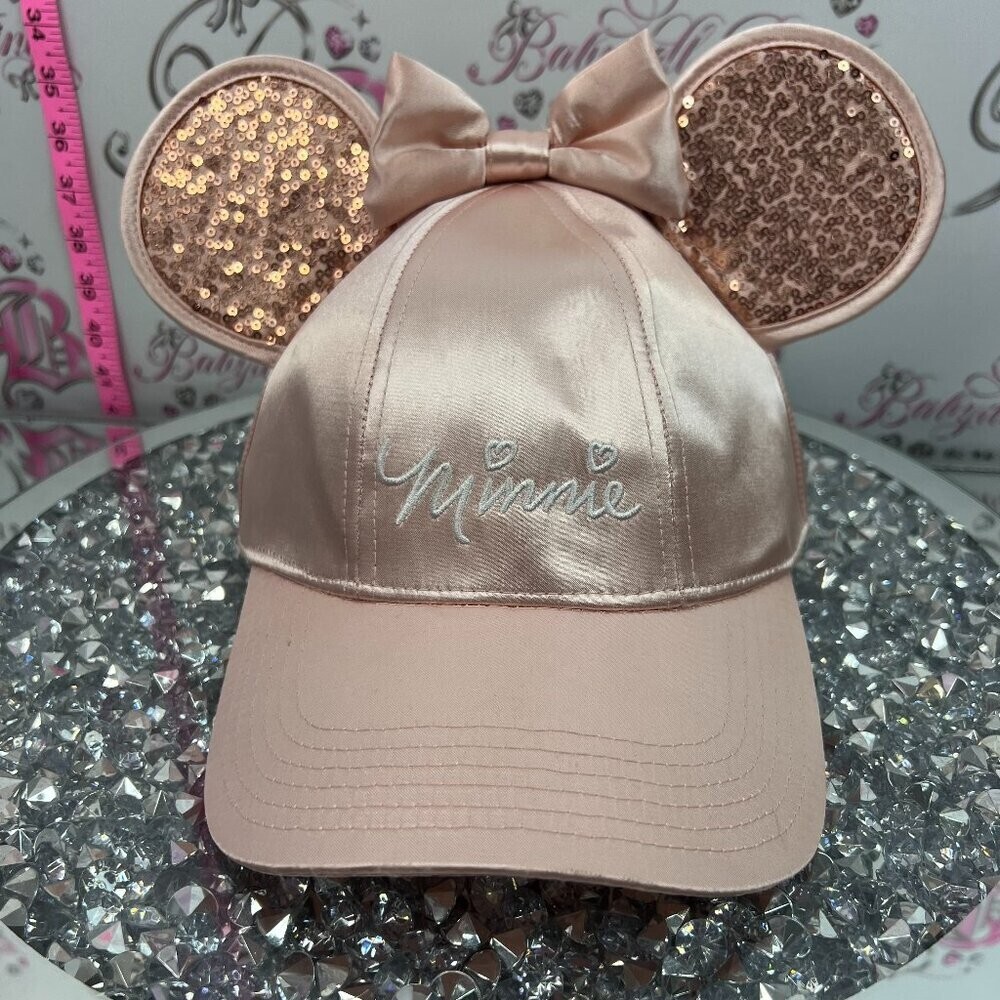 Disney hat Minnie Mouse rose gold sparkly sequins sizable hat snapback ears